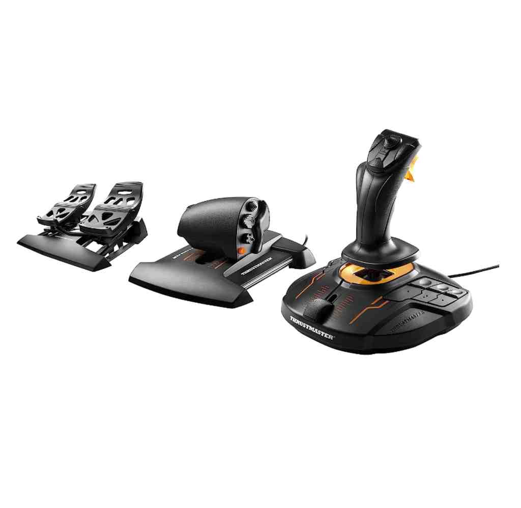 Thrustmaster T16000M flight stick, rudder pedals, and throttle for videogames.